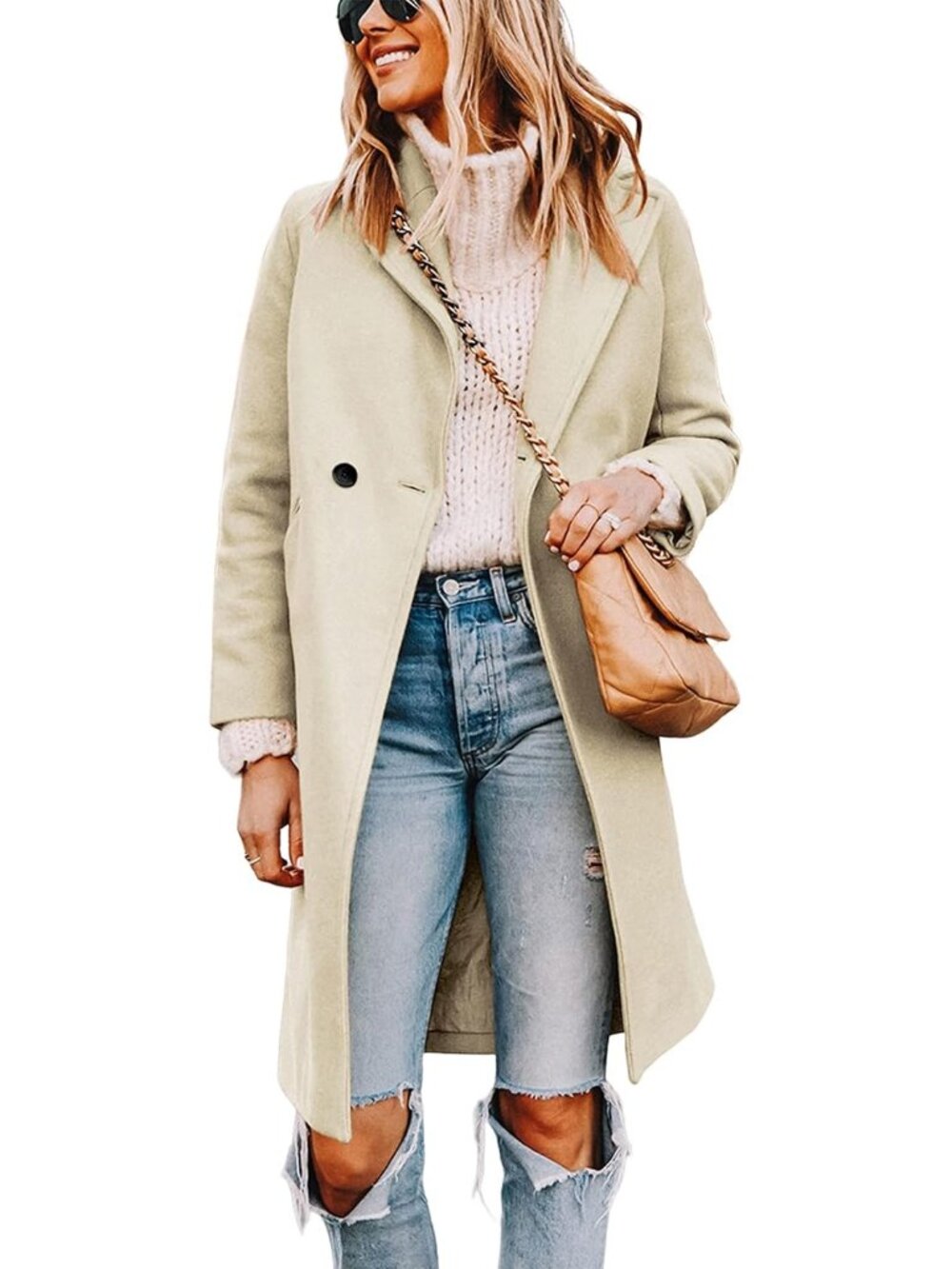 Women's Beige Wool Blend Notch Lapel Double-Breasted Mid-Long Trench Pea Coat